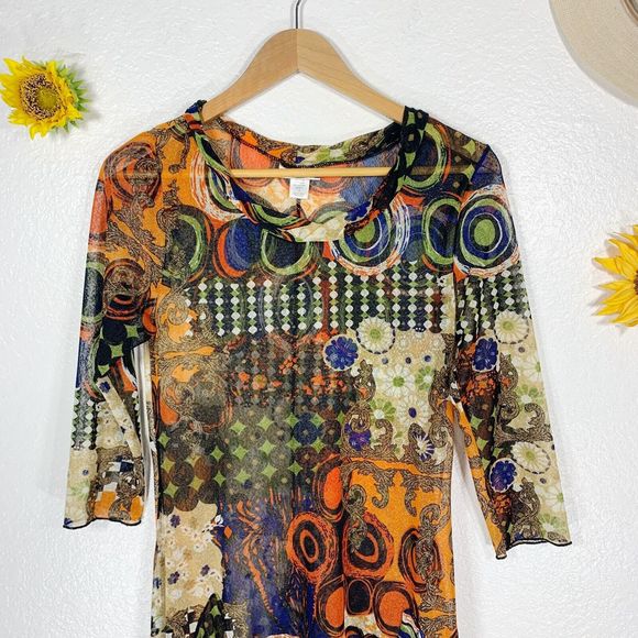 Mirror Image Colorful 3/4 Sleeved Boho Hippy Semi-sheer Dress Sz Small Women’s - Picture 2 of 11